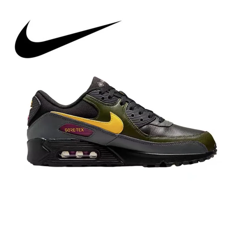 Original Nike Air Max 90 Vintage Men\'s Running Shoes Wear Resistant Shock Absorption Breathable Black Yellow Sneakers DJ9779-001