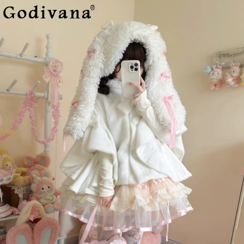 Japanese Sweet Lolita Hooded Cloak Winter New Girls Kawaii Rabbit Ears Bow Soft Loose Short Jacket Coats Women Y2K Capes Ponchos