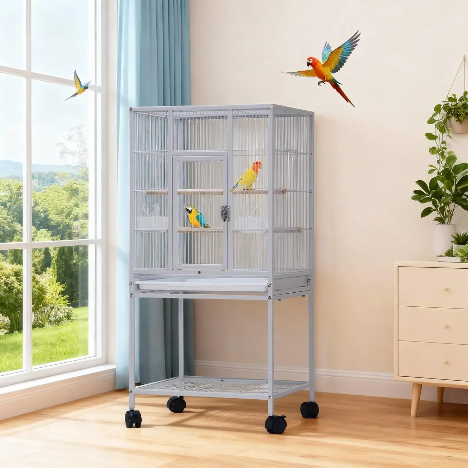 Tacleekii 41" Birdcage,Rolling Stand,Slide-Out Tray,Shelf,Food Bowls,Wooden Perches Lower Shelving for Parakeets, Nymphs, Canarie