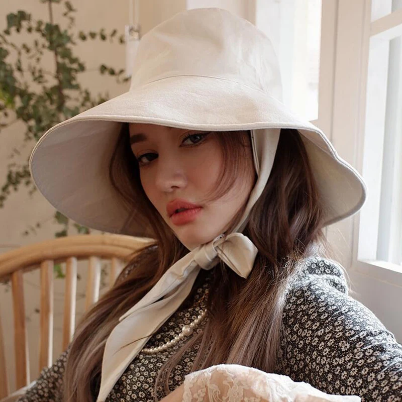 wide Brim Bucket Hat with String Women Korean Version Big  Fisherman Hat Foldable Japanese Sun Hat Sunscreen  Beach Hat