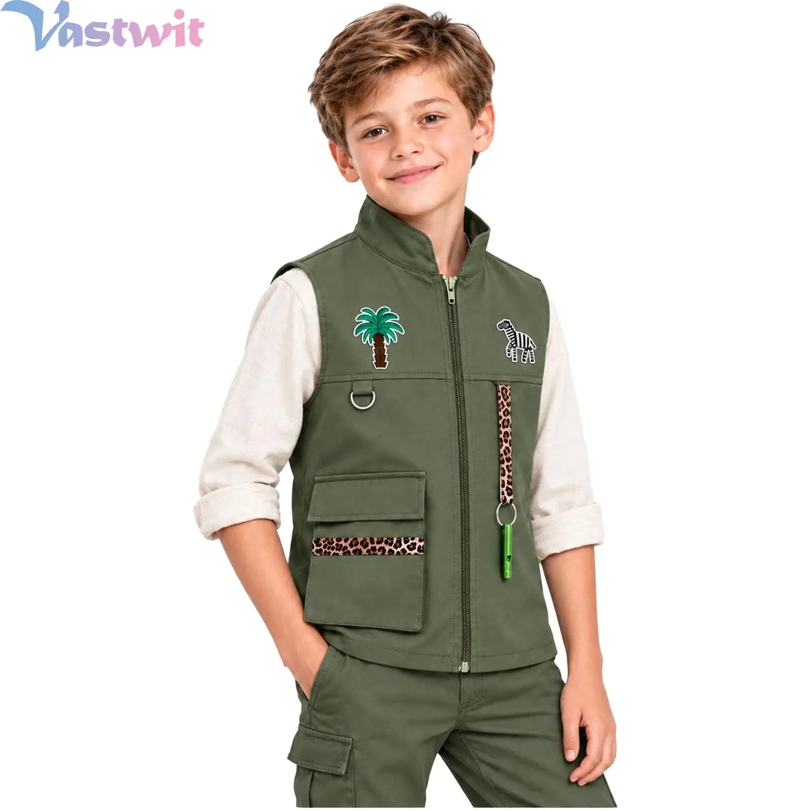 Kids Boys Girls Jungle Explorer Costume Leopard Trim Zookeeper Vest Zipper Front Stand Collar Jacket with Whistle And Pocket