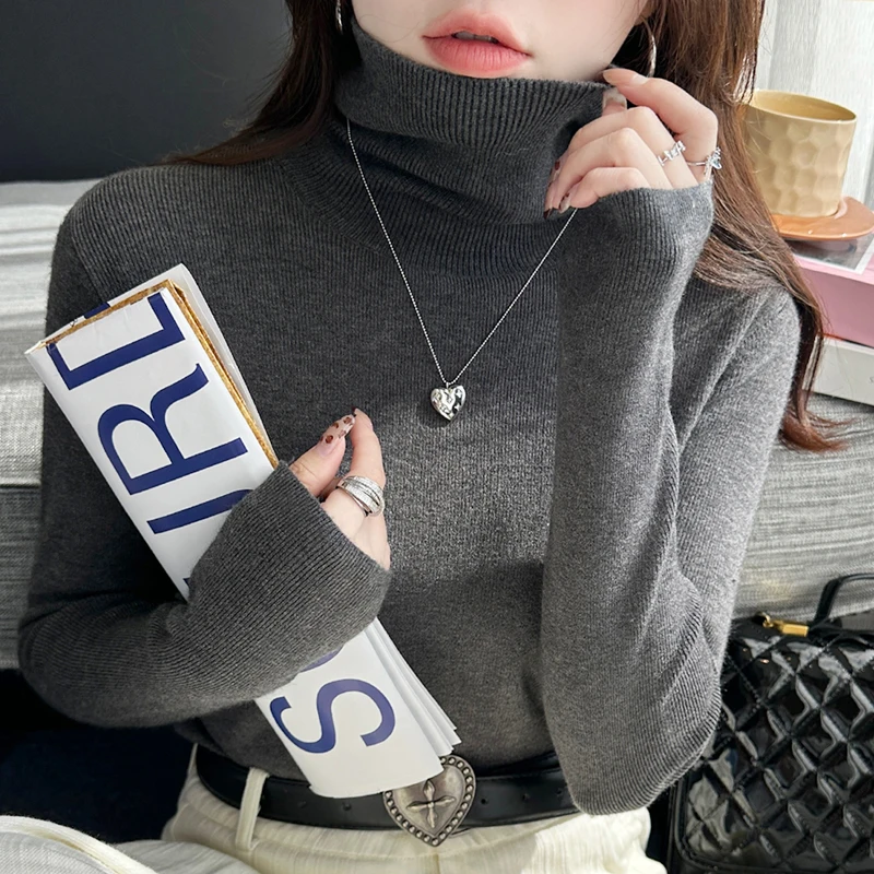 Camisola de malha feminina pullovers nova manga longa gola alta camisola de malha branca pulôver feminino topos blusas roupas femininas q1326