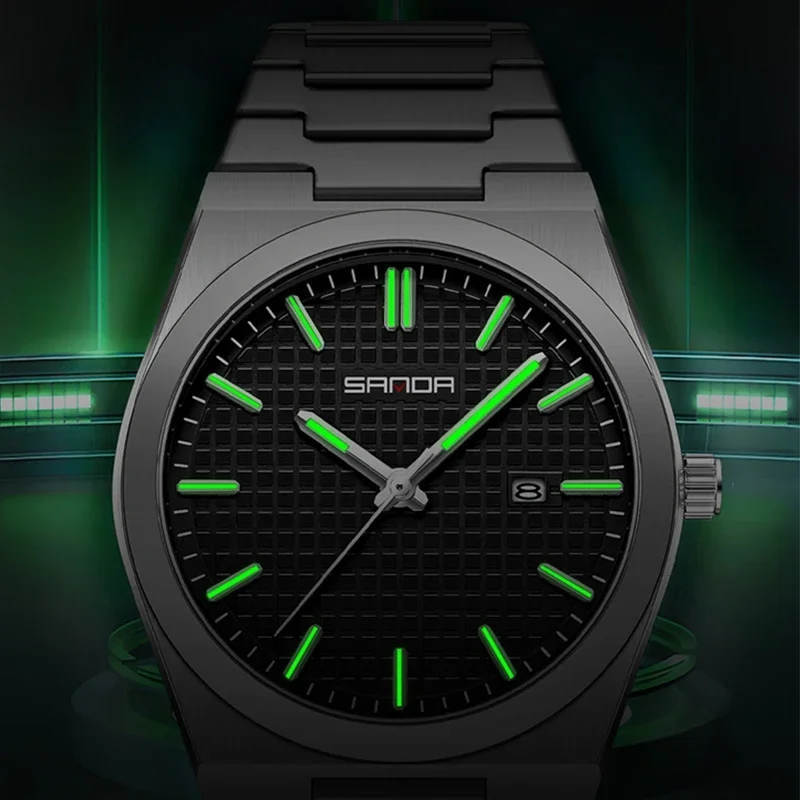 SANDA أفضل رجل الأعمال ساعة مضيئة مقاوم للماء الفضة سوار فولاذي غير قابل للصدأ الرجال الطلب الكبير تاريخ كوارتز موضة ساعة رجالية عادية