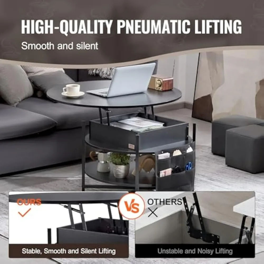 Round Coffee Table with Storage and Hidden Compartment for Living Room, 35.3 inches Diameter