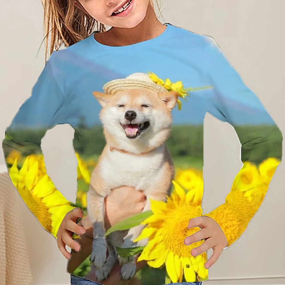 

Футболки для детей, одежда с 3d принтом собаки и животных для девочек-подростков 11 лет, милая цельная детская футболка, Детская Корейская осенняя