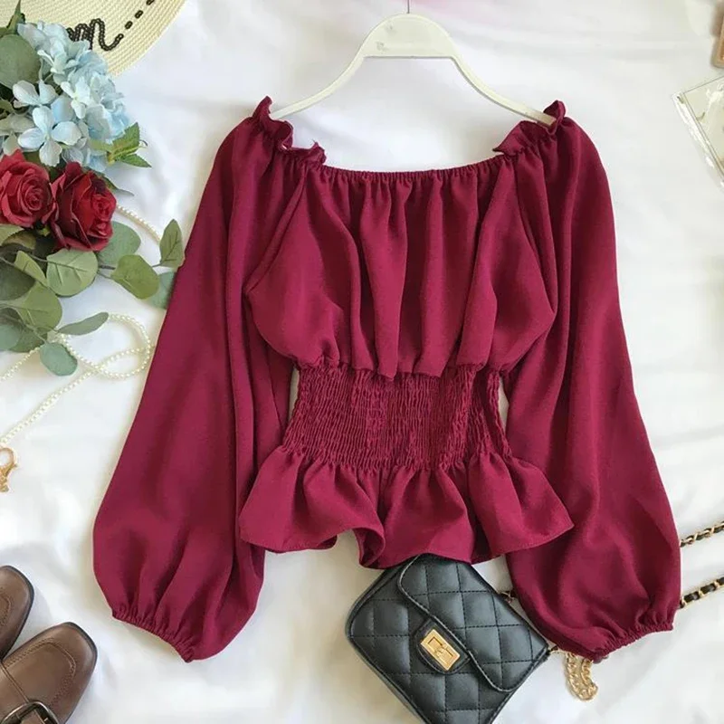 Fashion Woman Blouses Off Shoulder Ruffle Tunics Puff Sleeve Female Elegant Chiffon Shirt топ женский Ladies Tops Ropa Muje