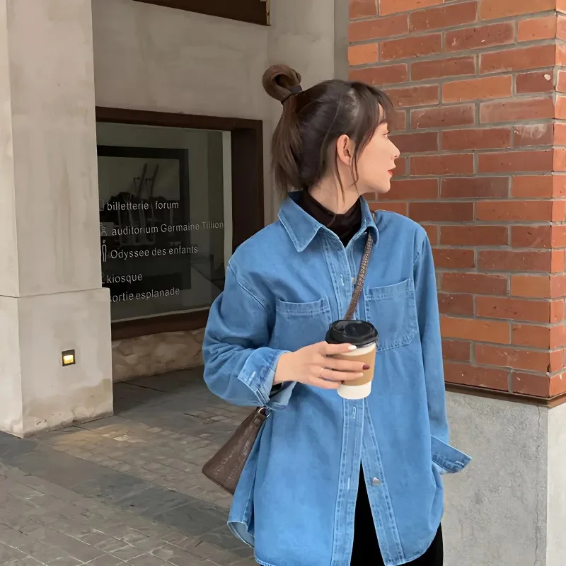 

Blue Classic Denim Shirt Women Simple Long Sleeve Casual Cardigan Blouse Fashion Harajuku Y2K High Street Loose Lazy Female Tops