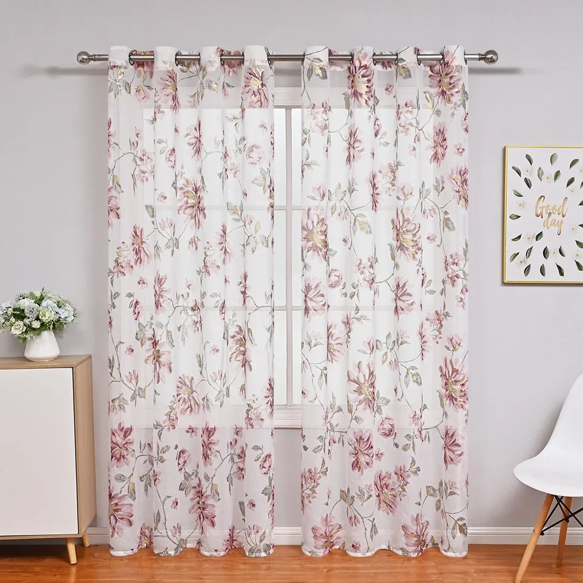 N3033Modern simple and fresh pastoral drop plastic hot stamping large flower perforated curtains