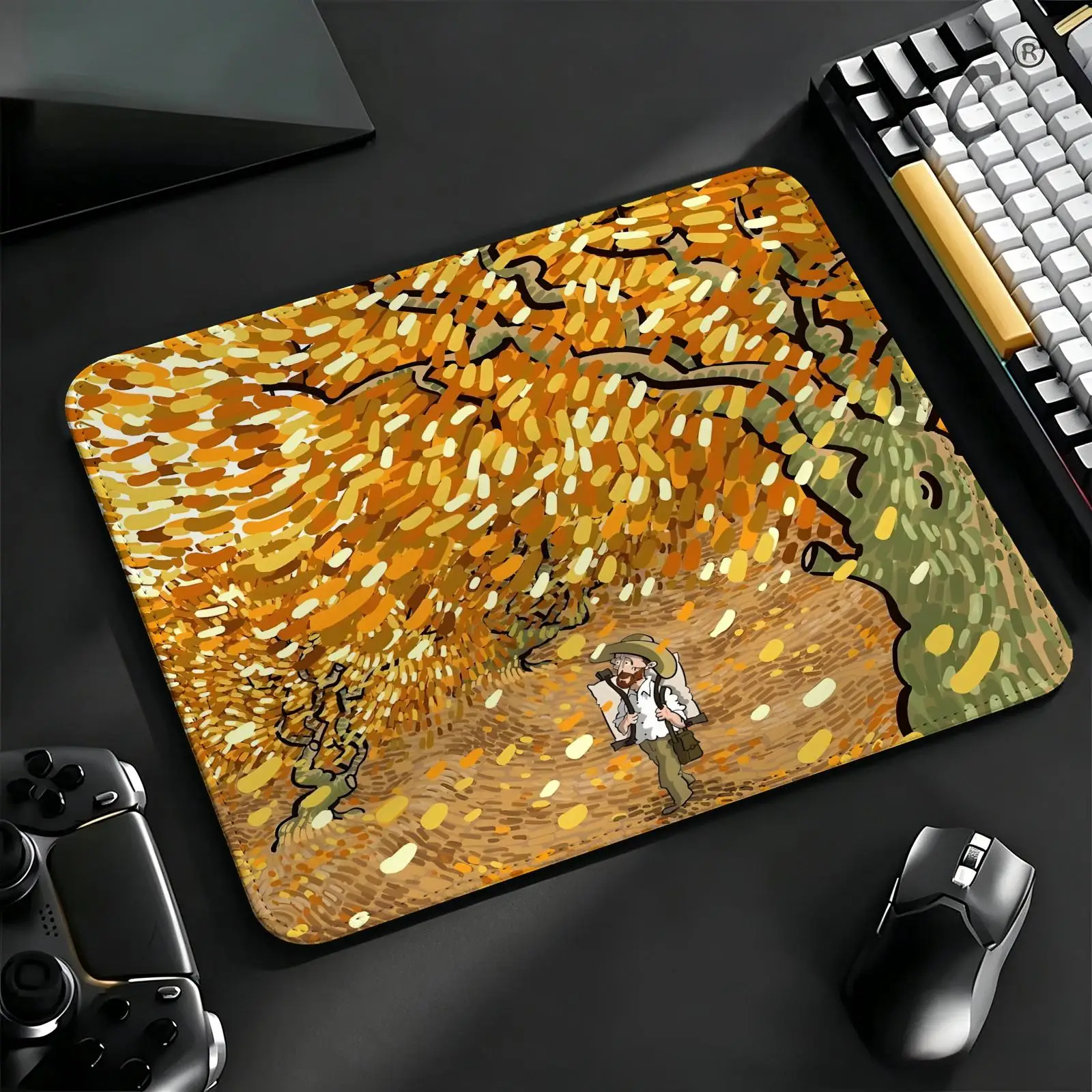 Cartoon Van Gogh Compact Gaming Mat Reinforced Stitched Border, S/M/L Sizes Portable Laptop Desk Pad for Office & E-sports