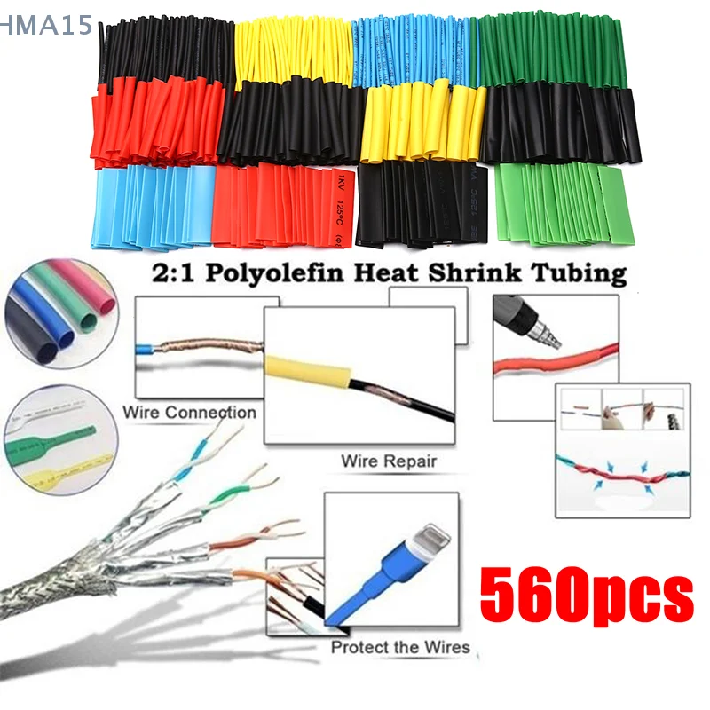 127/560 Uds Tubo termorretráctil aislamiento de poliolefina surtido de tubos retráctiles Kit de manguito de Cable electrónico juego de tubos termorretráctiles