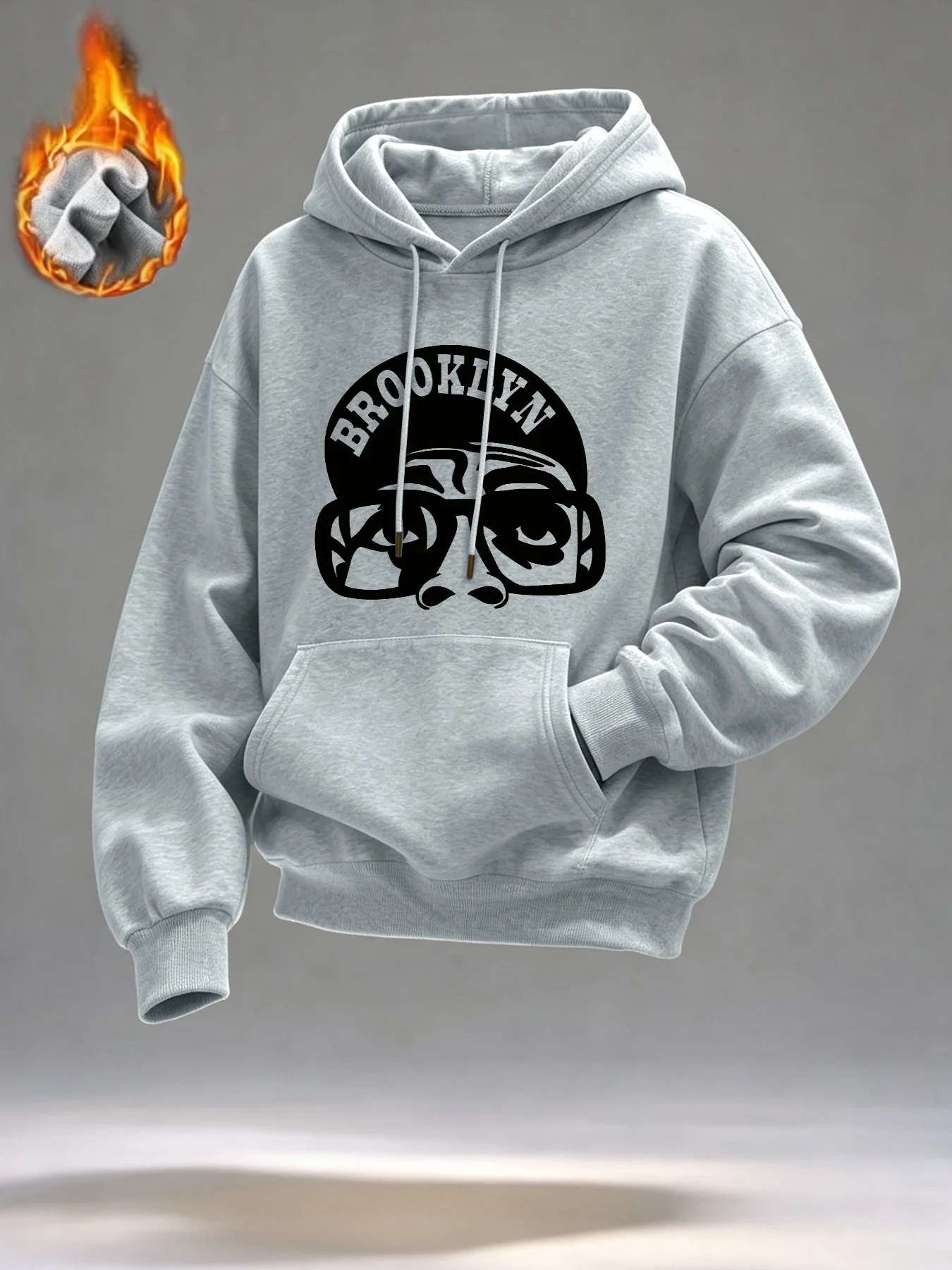 Relaxed-fit hooded sweatshirt featuring a trendy Brooklyn street-style character print. Unisex style.