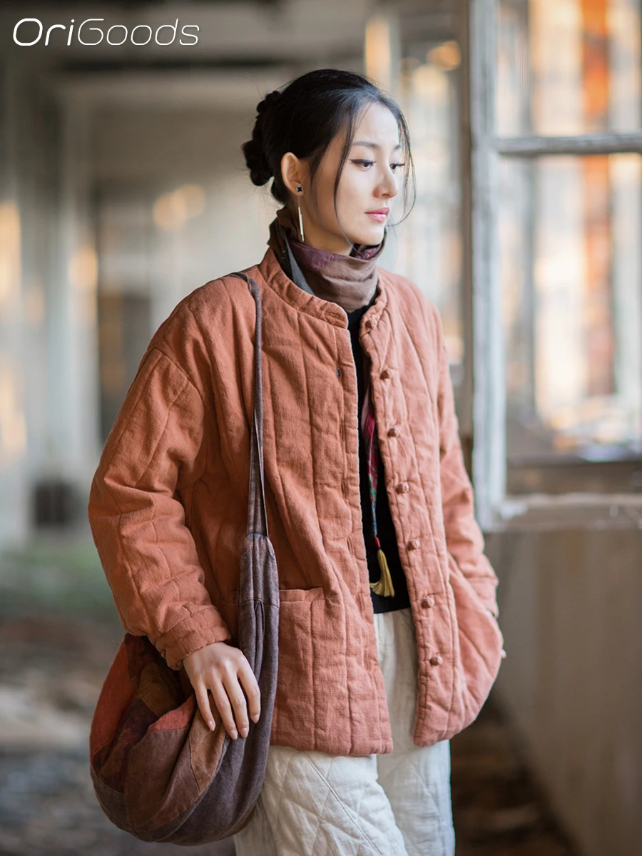 

OriGoods, китайская зимняя одежда, женское хлопковое стеганое пальто, свободная теплая стеганая куртка, винтажная верхняя одежда, новинка 2025, зимние пальто B358