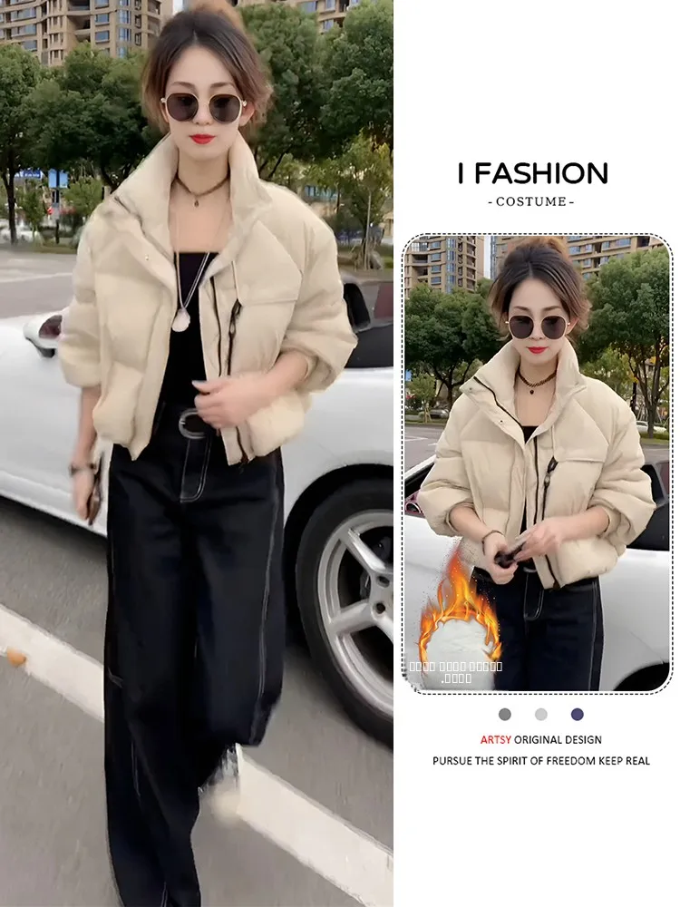 

Slimming Faionable Korean Sle Thiened Women's down Cotton Jaet Pure Color Warmth Commute Sle ort Length Zipper