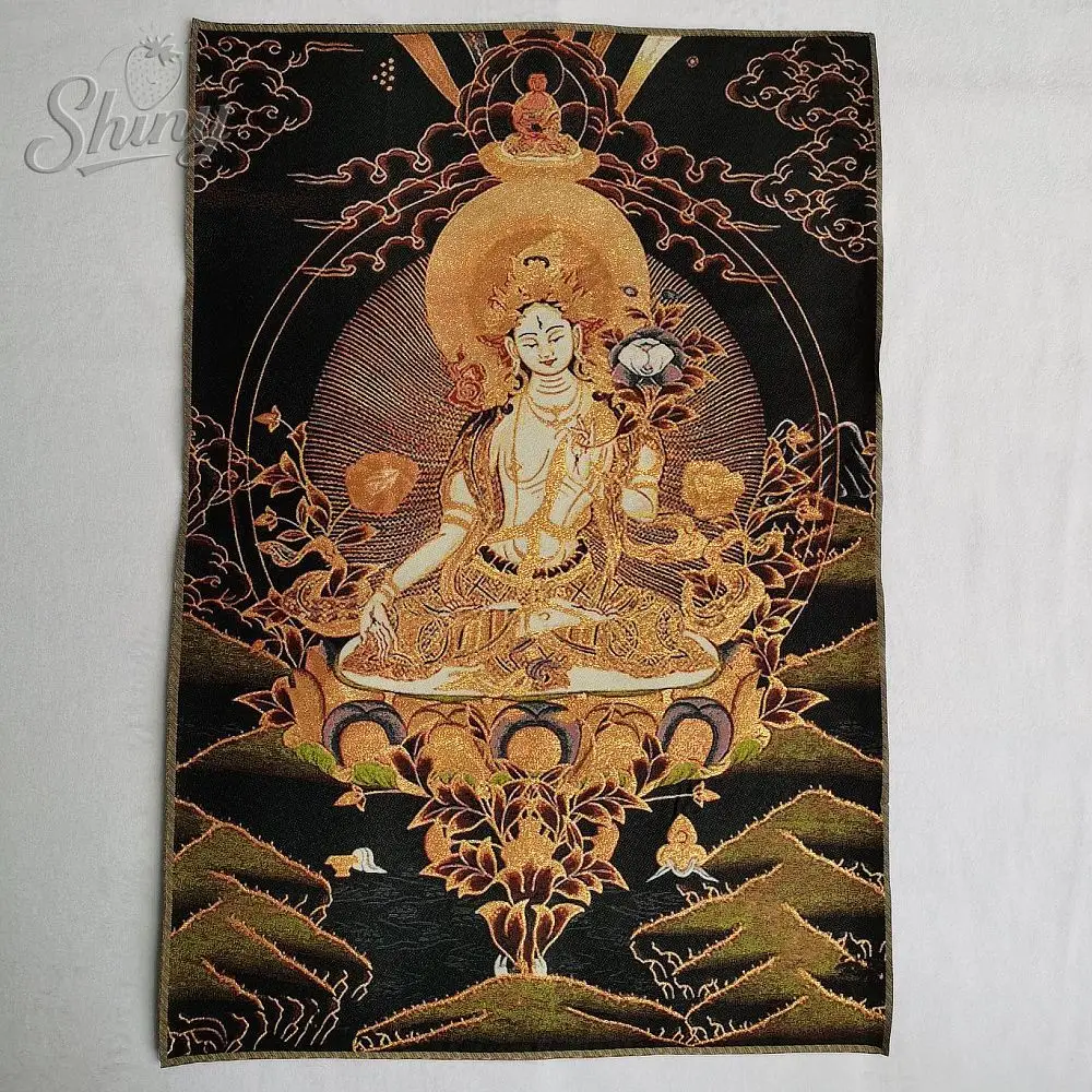 

35.4″ White Tara Statue Brocade Tibetan Tangka Embroidery Painting Gold Thread Embroidery Decorative Hanging Pictures