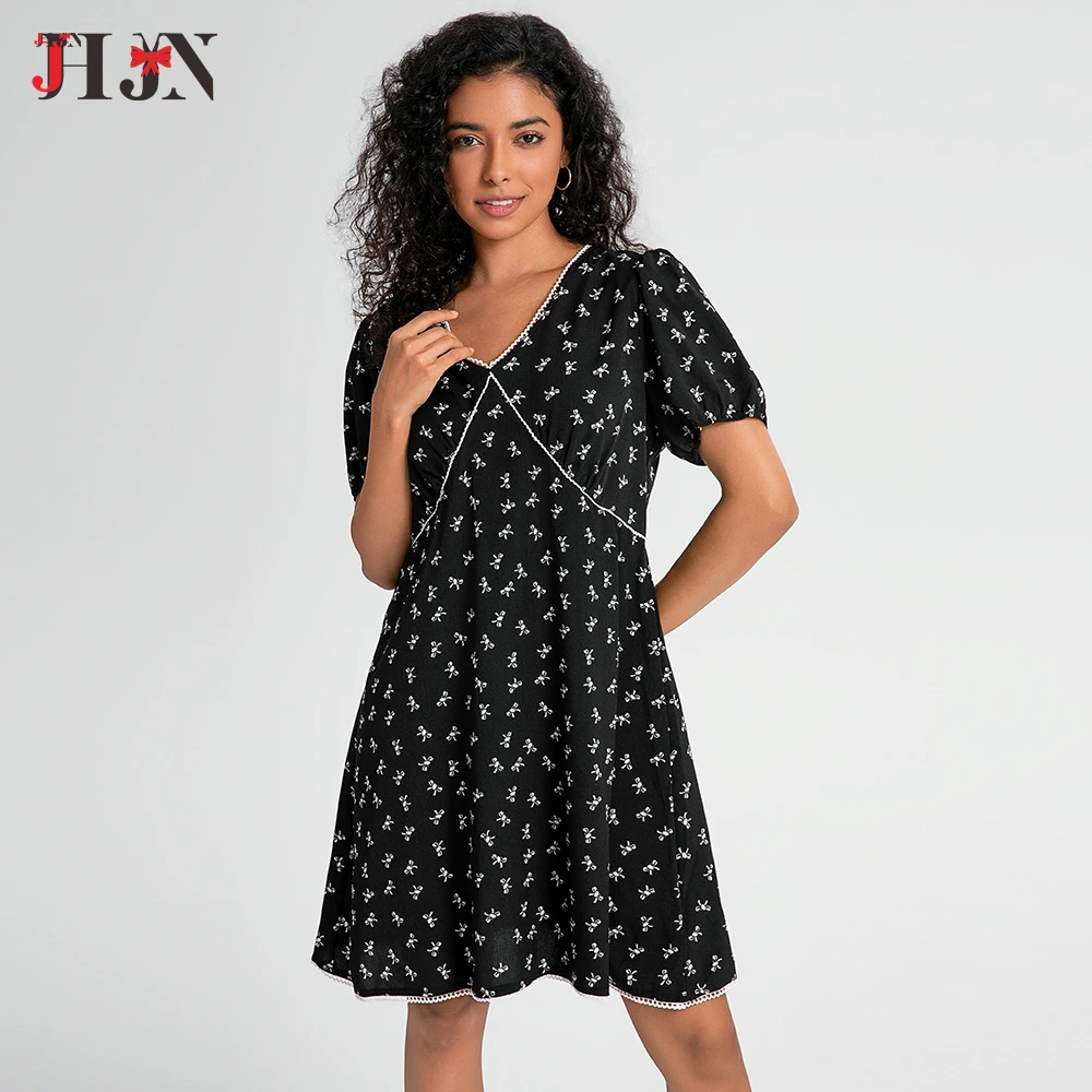 JHJN Hot Women Dress V-Neck Elegant Frock Fashion Black Floral Print Vestido Sweet Korean Slim Casual Puff Sleeve All-Match Tops