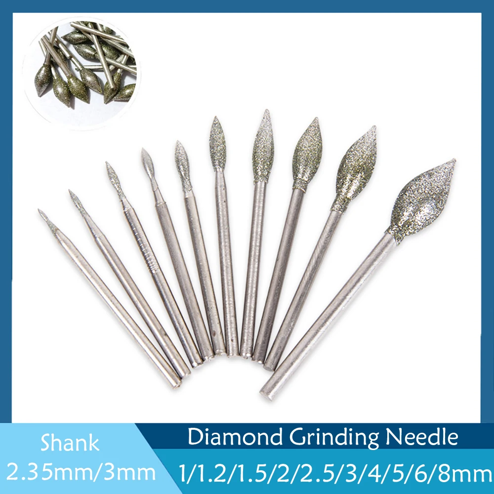 

1mm-8mm 2.35/3mm Shank Electroplating Diamond Grinding Head Polished Needle /For Jade Stone Carving Engraving Tool