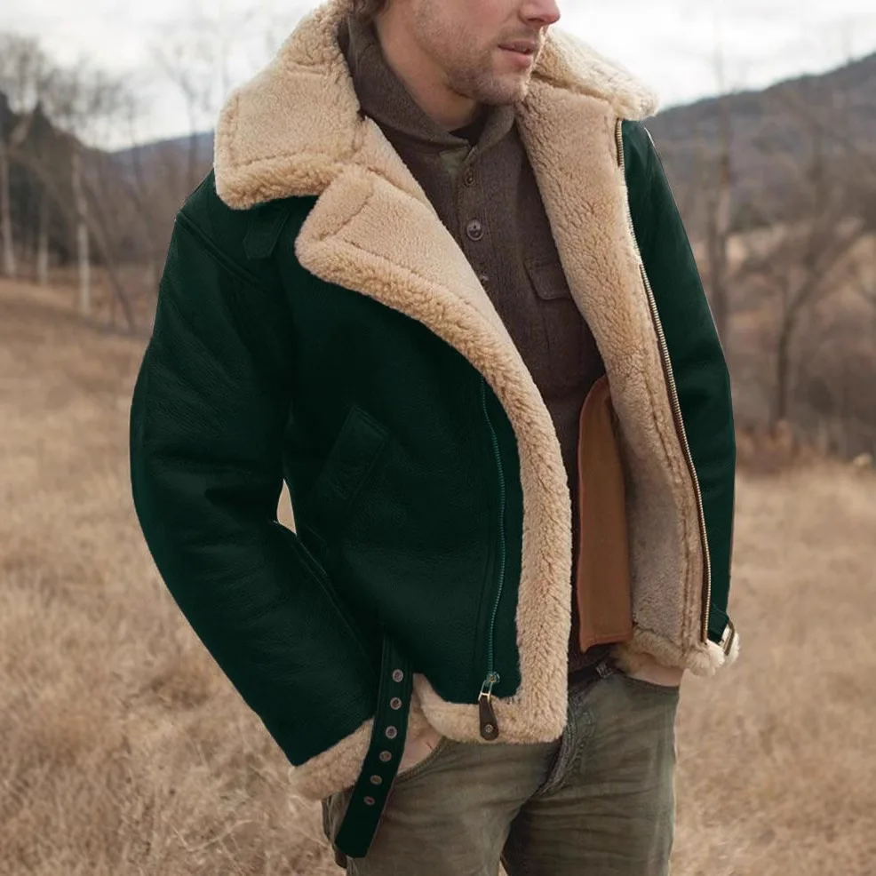 

Winter PU Fur Coat Men's Outdoor Wear Resistant Leather Jacket Fur Collar Zipper Closure Straight Cut Mid-Length Coat
