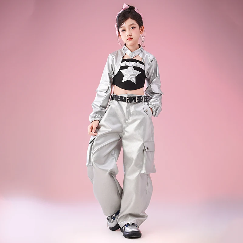 子供ジャズダンス衣装 Kpop ファッションセットガールグループパフォーマンスステージウェアシルバートップルーズパンツトレンディストリートウェア VDL4729