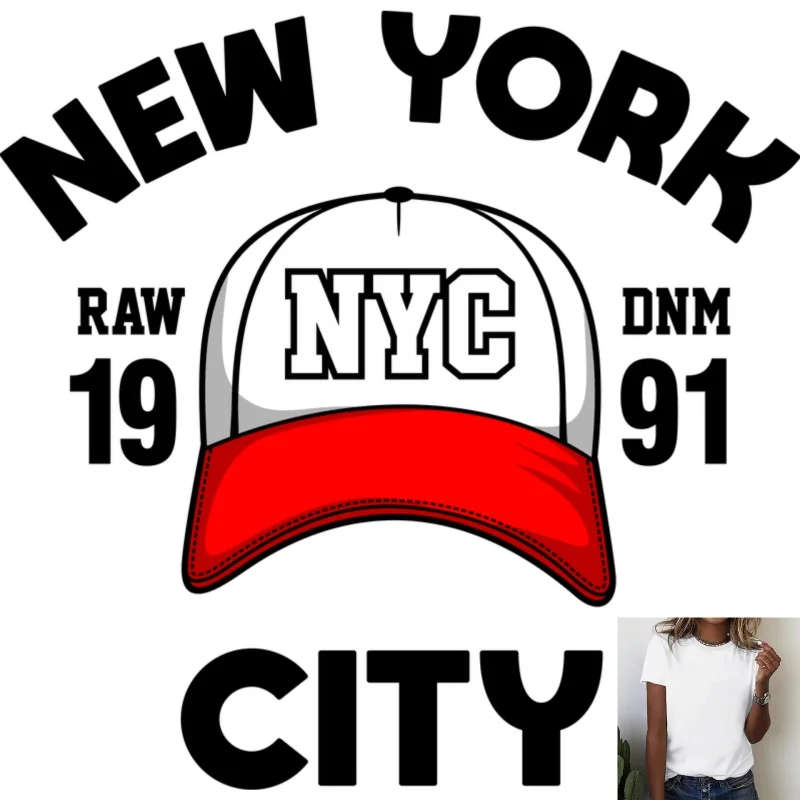 Vintage American New York Baseball Cap Graphic Heat Transfer White Ink Iron - on Decal, Suitable for T - Shirts/Canvas Bags,