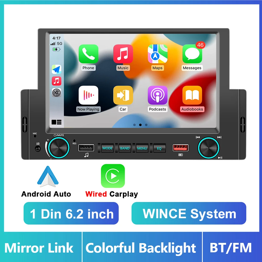 Podofo 6.2'' autoradio 1 Din Carplay Android Auto multimediaspeler HD touchscreen FM Bluetooth MirrorLink universele autoradio