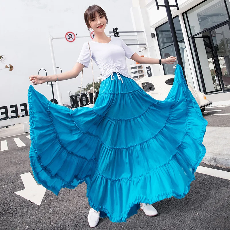 Korean Style Women\'s Umbrella Shape Long Skirts Sale Summer Girls Solid Ruffles Cotton Skirt Ladies Beach Casual Knitted Skirts