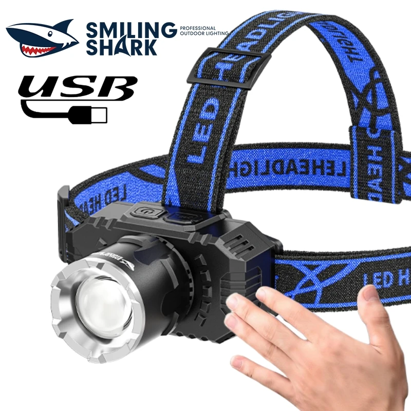 Smiling Shark TD0181 Powerful LED Sensor Headlight, Rechargeable Zoomable Headlamp,for Outdoor Camping, Hiking, Night Fishing