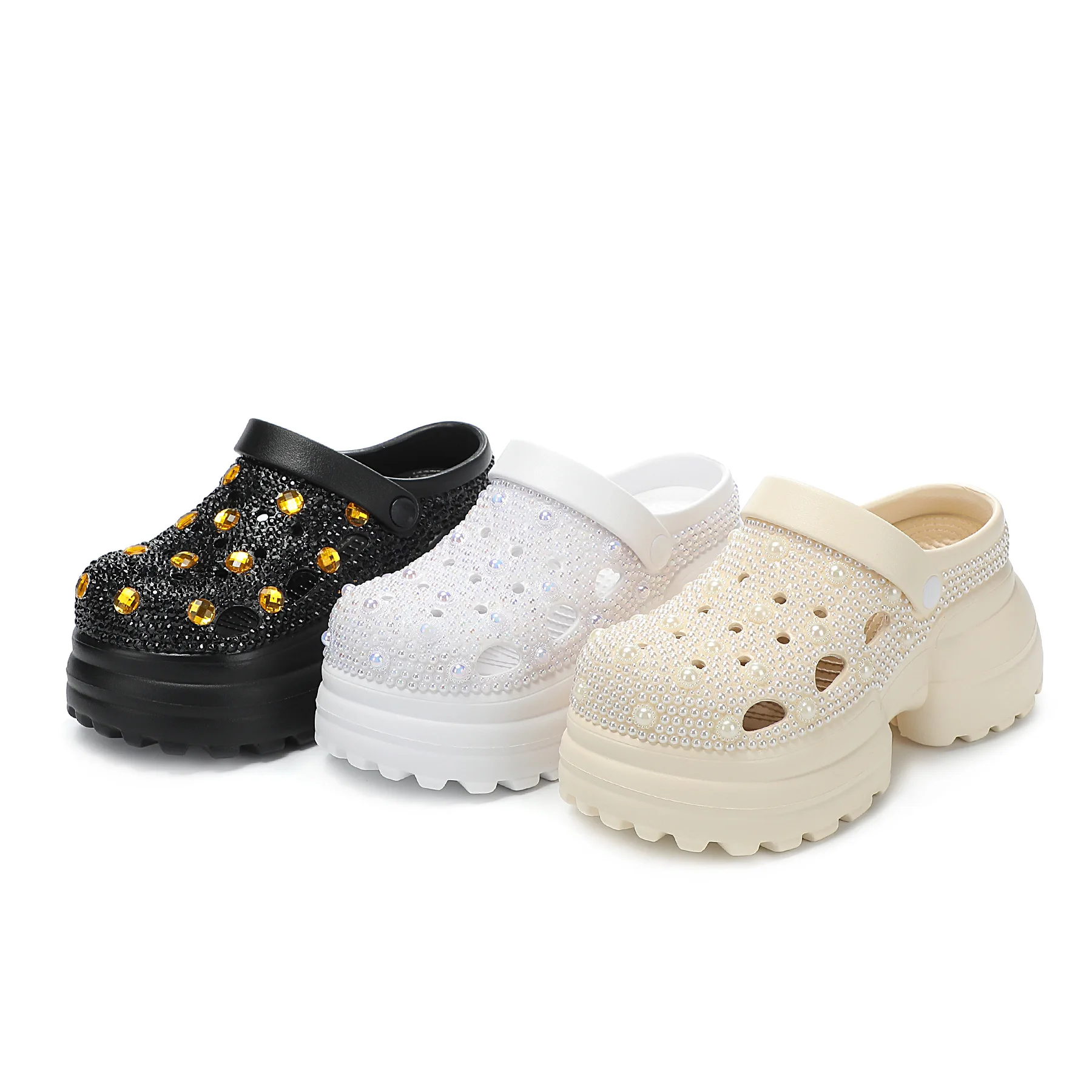 Summer New Pearl Water Diamond EVA Thick soled Raised Flat Heel External Piercing Shoes Dress High Heels Large Size Women Sandal