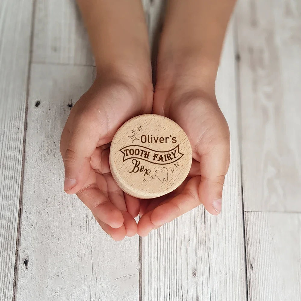 Caja de hadas de dientes personalizada, Soporte redondo de madera, regalo de cumpleaños para niñas y niños, caja de dientes de leche con nombre