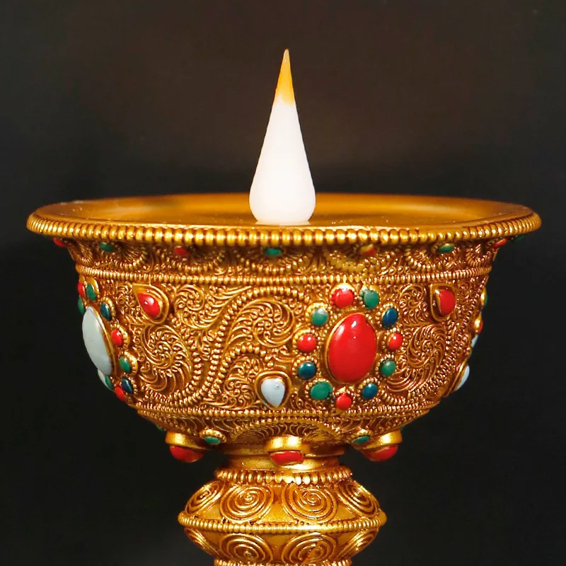 Tibetan-style filigree craft LED resin table lamp with colorful painted design, plug-in and rechargeable candle holder, everlast