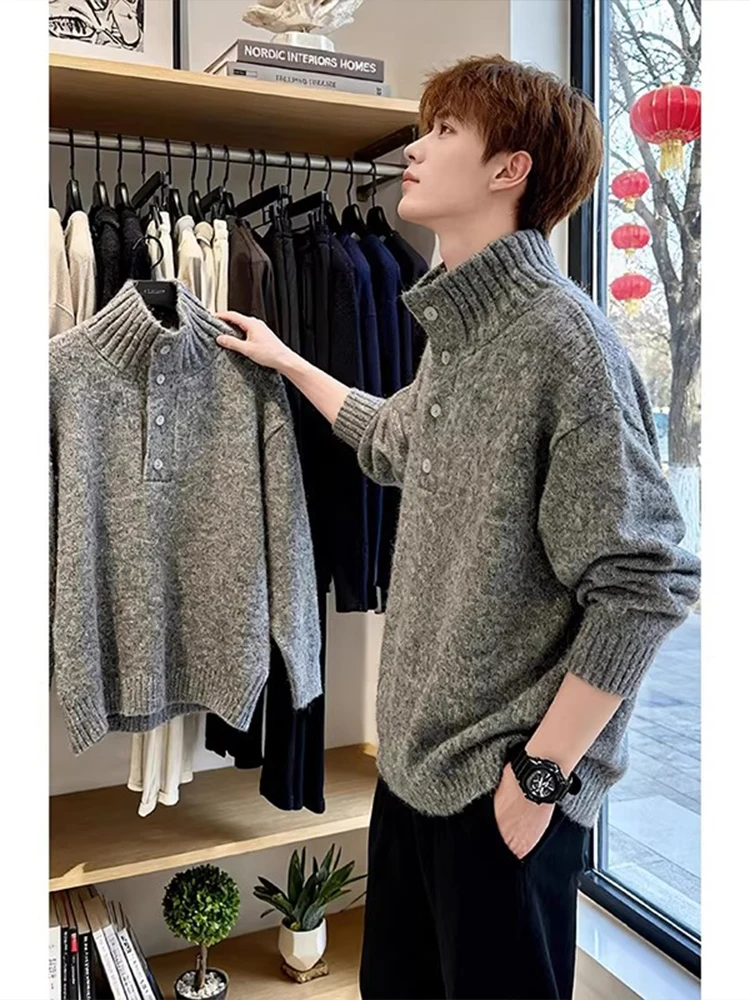 

Мужской зимний кардиган с воротником-стойкой, вязаный, повседневный, свободного кроя, удобный, для ношения под одеждой