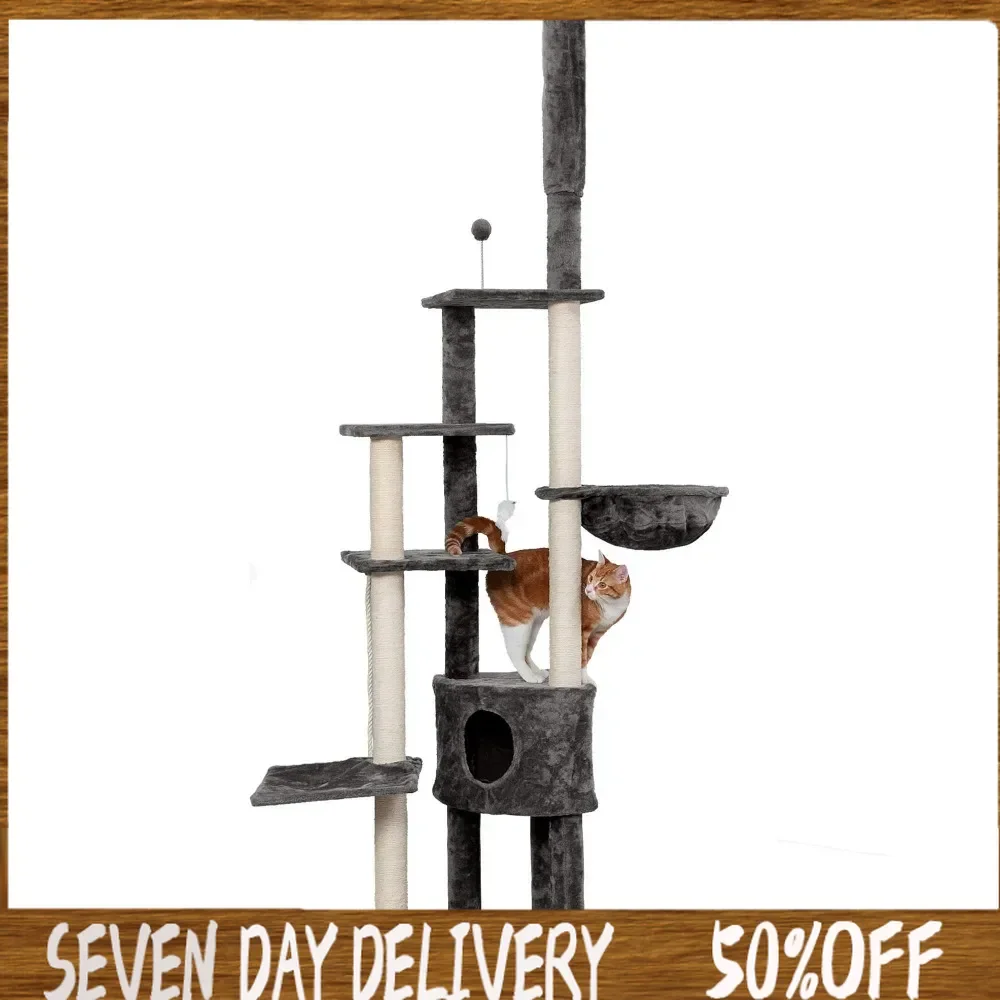 

00"-113" Tall Cat Tree for Indoor Cats w/ Adjustable Height, Ft. Sisal Scratching Posts, Condo, & Toys - Tiger Tough Gray