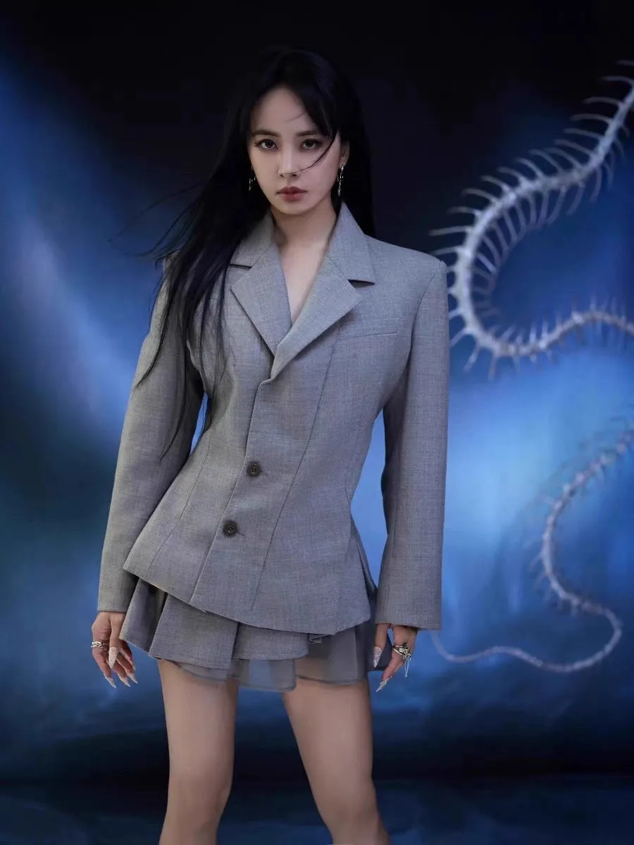 

Gray Notched Collar Jacket and Skirts Women Autumn Spring Elegant Chic Two Piece Sets Lady Business Office Clothing Lady