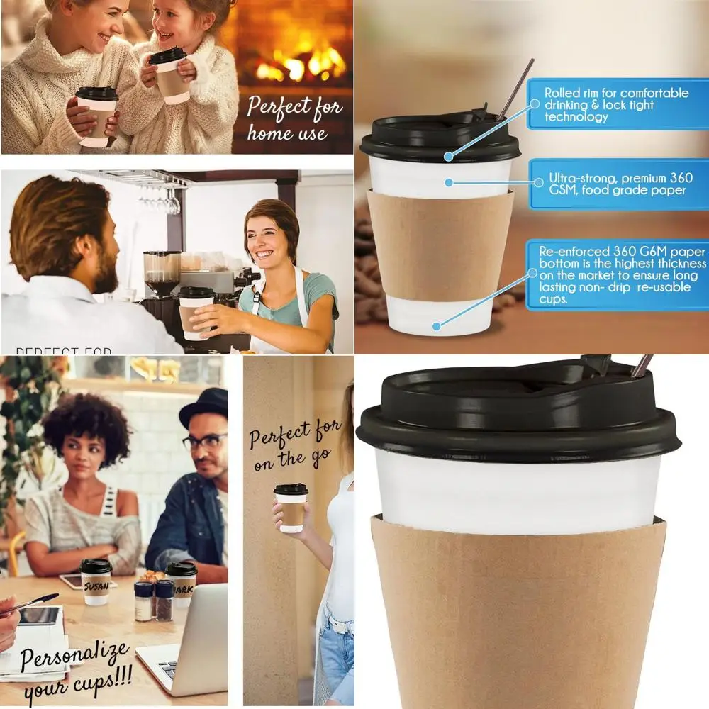 

130-Count 12 oz Disposable Paper Coffee Cups with Lids, Sleeves, Stirrers, and Marker for Home, Office, Parties, and Travel