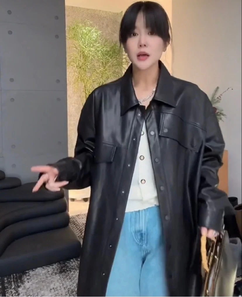 Primavera nuevo abrigo Bla eepskin Hepburn Sle suelto largo Sve Puffy Sve prendas de vestir exteriores de moda chaqueta de cuero Faion para mujer