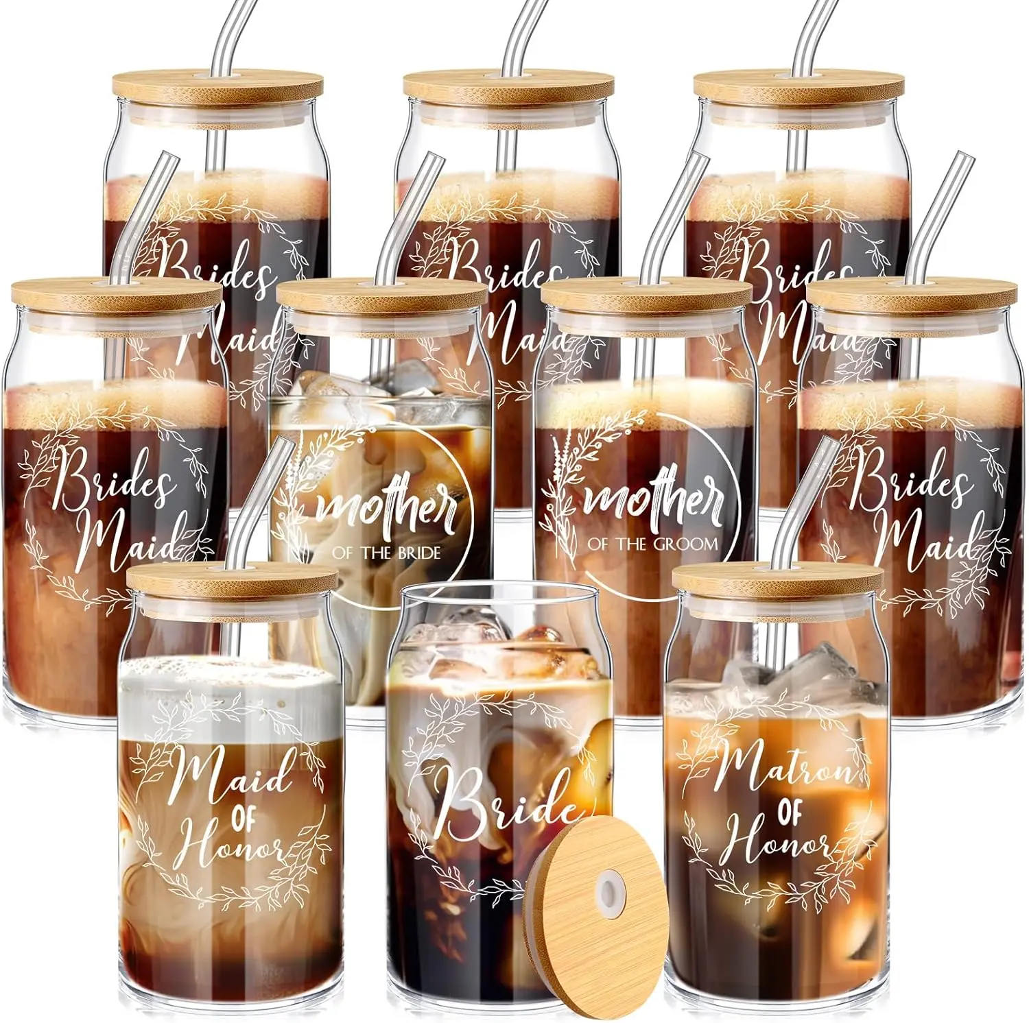 

Набор из 10 подарков для подружек невесты: милые стаканы в форме банки объемом 16 унций с бамбуковыми крышками и стеклянными трубочками для свадьбы