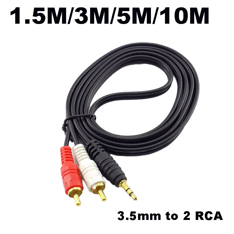 Long Length 1.5m 3m 5m 10M 3.5 MM Male Jack to AV 2 RCA Male connector cable Computer Audio Line for Phones TV Sound Speakers W1