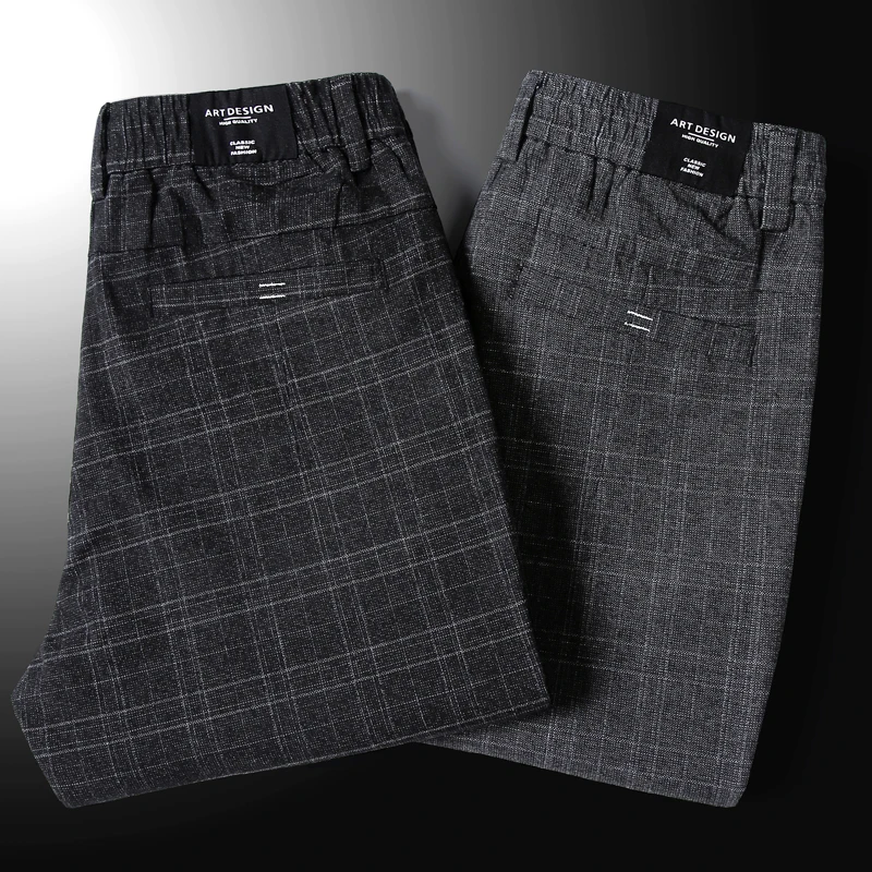 

2025 New Men's Casual Plaid Pants Business Casual Slim Fit Dark Grey Classic Style Elastic Trousers Male Brand Clothes