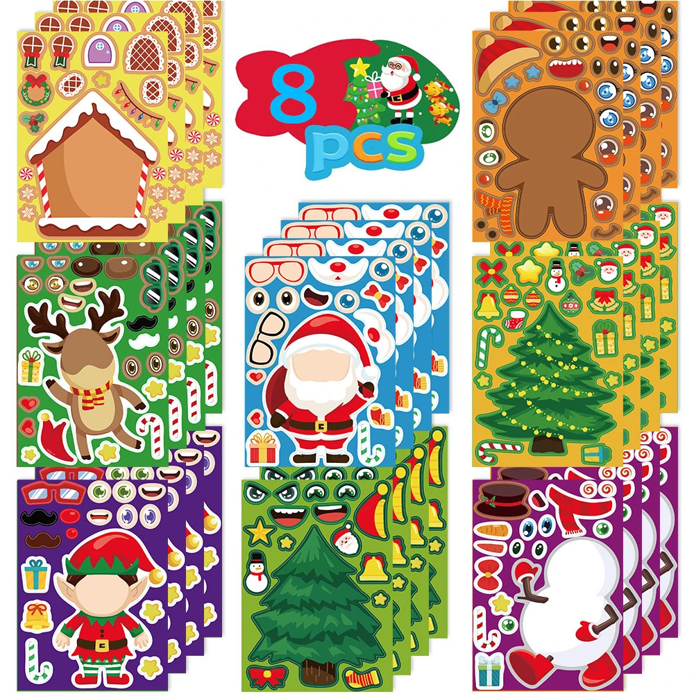 8/16sheets Children Cartoon Christmas Puzzle Stickers Game Make a Face DIY Assemble Jigsaw Decals Toy Kids Party Decoration Gift