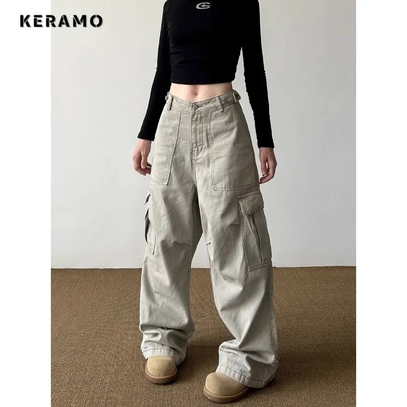 American Vintage High Waisted Solid Color Jeans Women's Casual Grunge High Street 2000s Pants Y2K Wide Leg Washed Denim Trouser