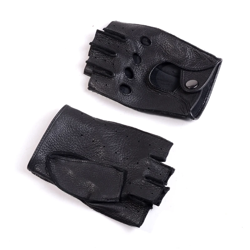 Guantes de piel de ciervo de cuero Real para hombres, botón de muñeca retráctil, sin dedos, medio dedo, mitones de conducción