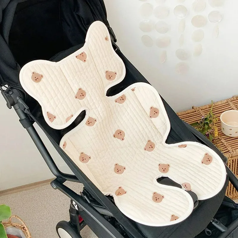 Baby Stroller Seat Cushion Pad Bear Bunny Embroidery All Seasons Cotton Breathable Cart Mattress Infant Newborn Pram Accessories