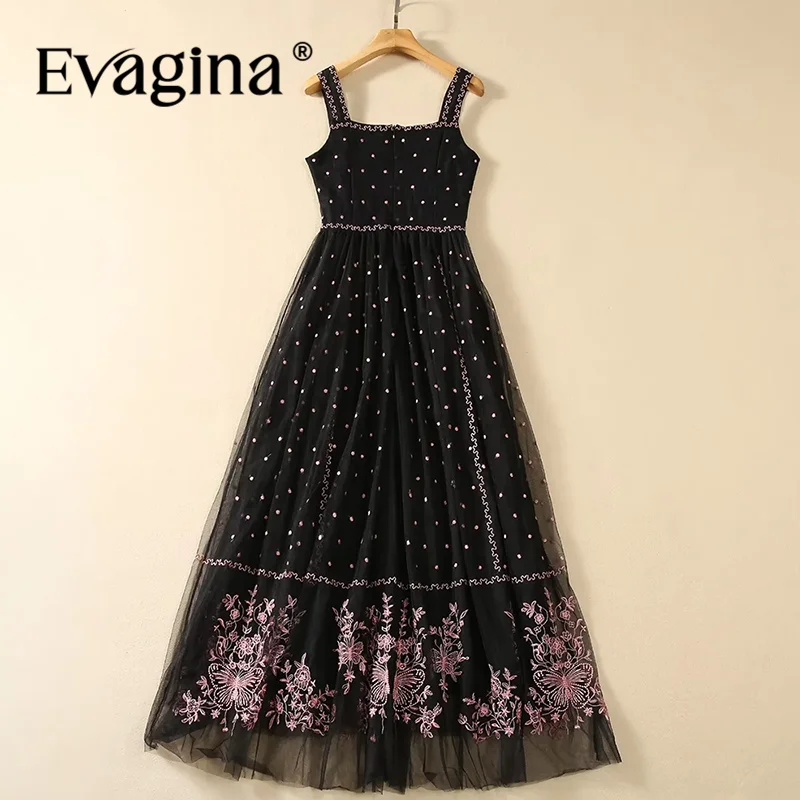 Evagina Fashion Design Zomer Damesjurk Spaghettibandje Backless Slank Mesh Borduurwerk Feest Prom Zwarte Jurken
