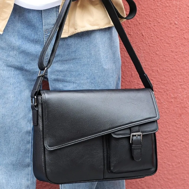 Genuine Cowhide Leather Messenger Bag Large Capacity Crossbody Bag With Pocket For Men Daily Work Ample Storage Space