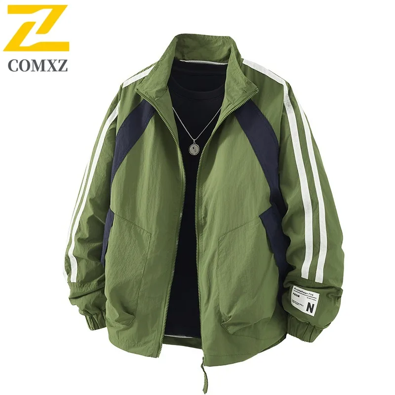 COMXZ 2025 Autumn Men High Quality Patchwork Stand Collar Workwear Jacket Unisex Waterproof Youth Trendy Coat