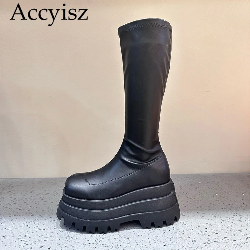 

Elastic high top square toe waterproof platform thick soled boots for women solid color small stature height increasing boots