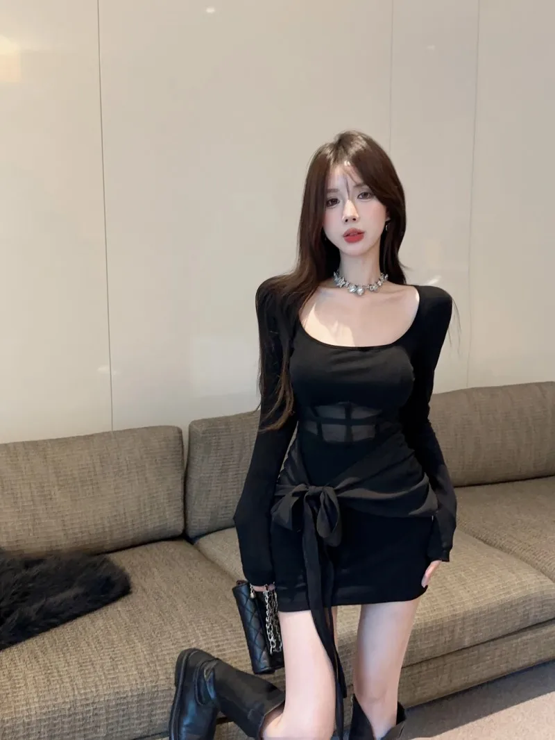 فستان ملهى ليلي أسود بأكمام طويلة ورقبة مربعة نحيف شفاف من خلال فستان قصير شبكي مثير للنساء #4