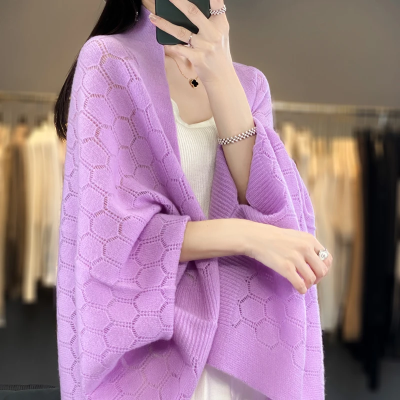 100% Merino Wool New Fashion Spring Cardigan For Women Grace Soft  Knitted Scarf Hollow out Spherical Design Korean Style Shawls