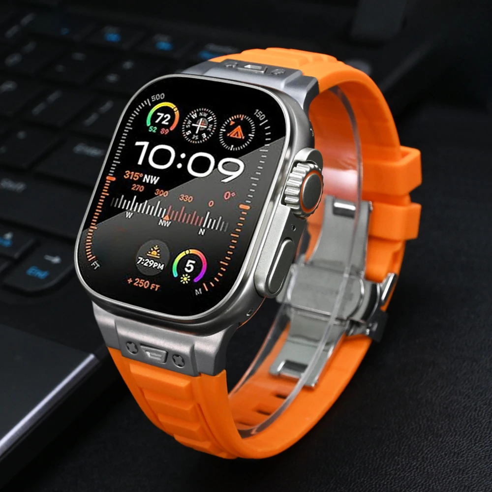 

Ремешок резиновый Титановый для Apple Watch Ultra 2 Series 9 8 7 se 6 5 4 3, браслет для iWatch ultra 49 мм 45 мм 44 42 мм, мужской браслет