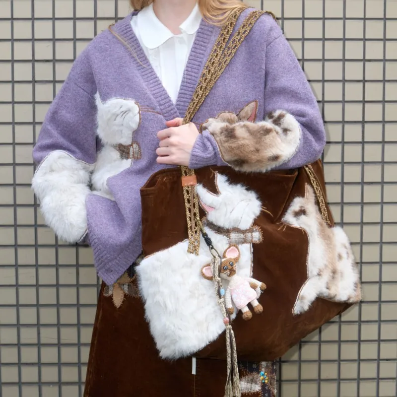 Retro Cute Cat Plush Tote Bag - Large Capacity Shoulder Bag, Coffee