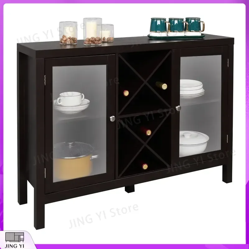

Brown Wine Cabinet with Transparent Double Doors X-Shaped Rack Side Storage Unit for Home Bar Kitchen Beverage Cooling